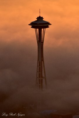 Space Needle with Golden Fog, Seattle, Washington