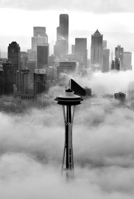 Space Needle Center of Attention, Downtown Seattle above Fog, Washington 2009  
