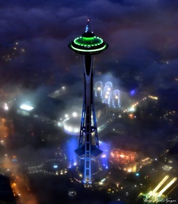 Space Needle with Seahawks Green and Blue Color, 12th Flag, Pacific Science Center, Seattle  