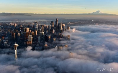 Space Needle, Seattle, Mount Rainier, Golden Hour, Shroud in Fog 2015  