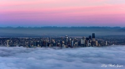 Pink Sky over Seattle Shroud in Fog Lake Washington 