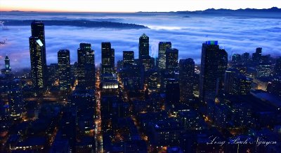 True Blue Seattle Skyline, Sea of Fog, West Seattle, Sunset in Seattle  
