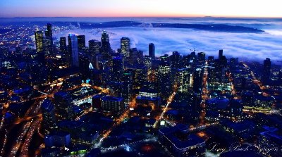 True Blue Seattle Skyline, South Lake Union Neighborhood, Sea of Fog, West Seattle, Sunset in Seattle