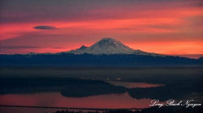 Red Sky over Mount Rainier, Lake Washington, Floating Bridge Interstate 90, Seattle  