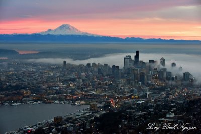 Red Sky over Mount Rainier, Foggy Downtown Seattle, Space Needle, Lake Union Washington 