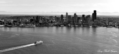 Seattle Skyline and Washington State Ferry, Cascade Mountains, Seattle, Washington  
