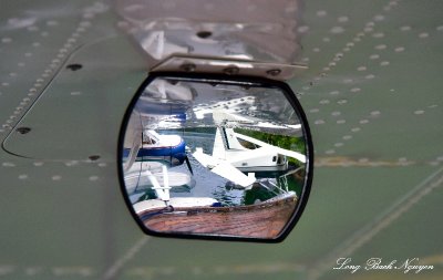 DHC-2 Beavers in side mirror, Eagle Nook Resort, Jane Bay, Vancouver Island, BC, Canada  