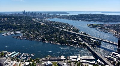 Portage Bay I-5 Bridge Lake Union Space Needle Downtown Seattle Washington 