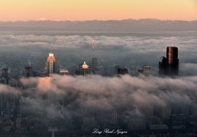 Above Fog covered Seattle, Space Needle  
