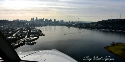 Quest Kodiak Floatplane N156KQ landing on Lake Union with Downtown Seattle and Space Needle 087