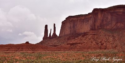 Three Sisters and Mitchell Mesa Monument Valley Navajo Tribal Park Arizona 685  
