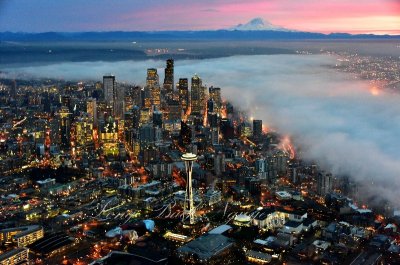 Red Sky over Mount Rainier Foggy Downtown Seattle Space Needle Washington 8a  