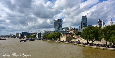 Tower of London and London Skyline and visitors along Thames River 311