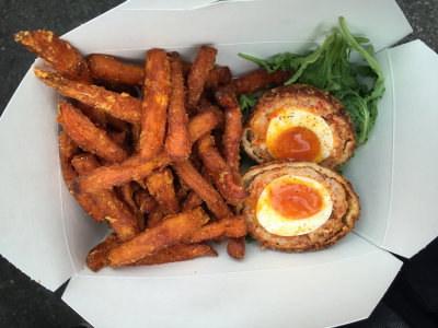 Scotch eggs and sweet potato fries at Borough Market 