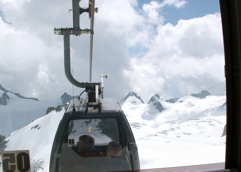 Cable car to Pointe Helbronner in Italy: Colin and Ruth ahead of us