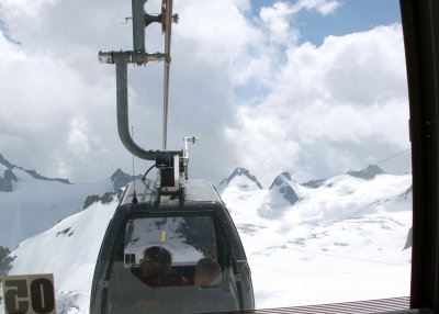 Cable car to Pointe Helbronner in Italy: Colin and Ruth ahead of us