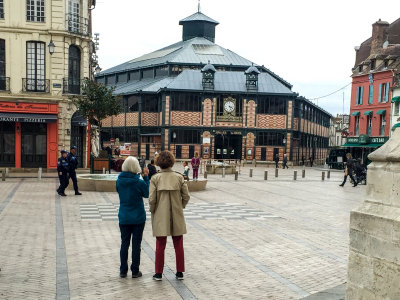 Susan and Odile in front of the covered market in Sens