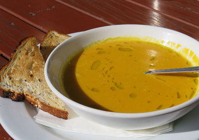 Pumpkin and Kumera Soup in the Sun