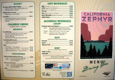 Typical Dining Car Menu -- front