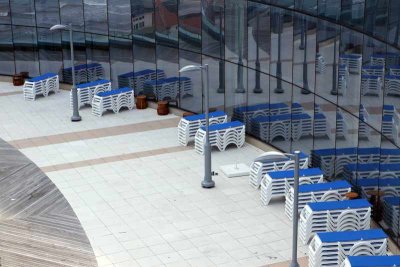 The lounge chairs on the second deck of The Revel