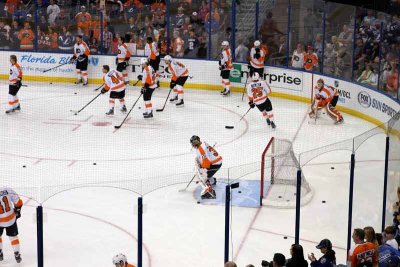 The Flyers during warmup.