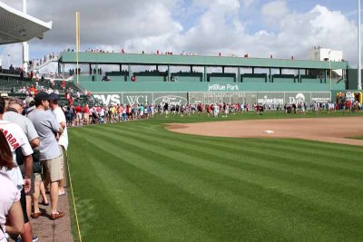 This is the long line to see the trophies which were displayed in front of the Green Monster.