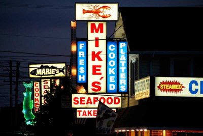 The neon lights of Mike's and Marie's on a typical summer evening in Sea Isle City.