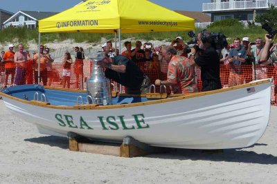 John Stevens placing The Cup in the Sea Isle Lifeboat.