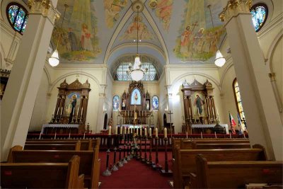 A wide angle shot of the church and front altars.