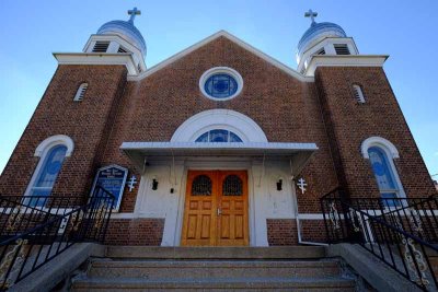The front facade of the Holy Ghost Ukrainian Orthodox Church in Coatesville,