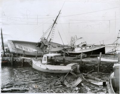 General view of Lees Wharf after Hurricane Carol in 1954 (press photo)