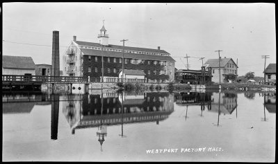 Westport Factory Mass. with trolley reflected in Noquochoke Lake