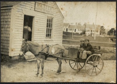 H.A. Reed Harness Maker with donkey cart 2x3 inch old print