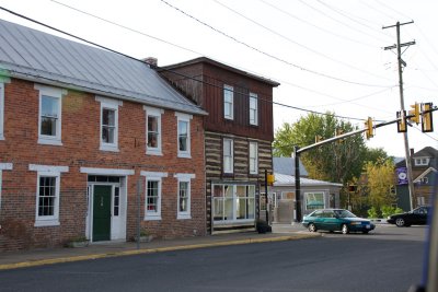 Incongruous log building downtown