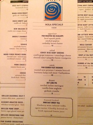 the menu at NOLA