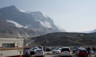 Athabasca Glacier parking lot at Icefields Center