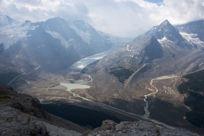 at cliff's edge, looking across to Athabasca glacier