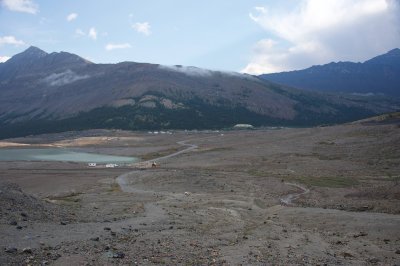 looking back to the parking lot along Athabasca Glacier trail