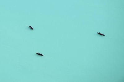 Red canoes on Turquoise Lake Louise