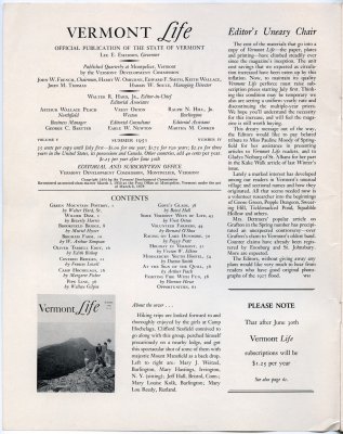 Vermont Life Summer 1951 table of contents
