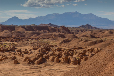 Goblin Valley and distant 11,000' Henry Mountains