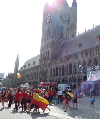 The Belgium-Russia football match televised in Ypres town square. 22 June