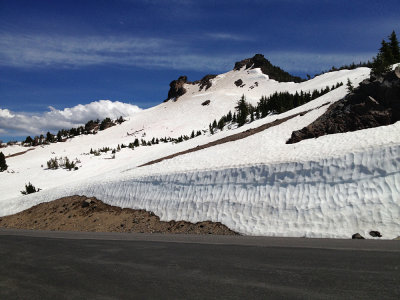 deep snow fields, approaching Crater Lake
