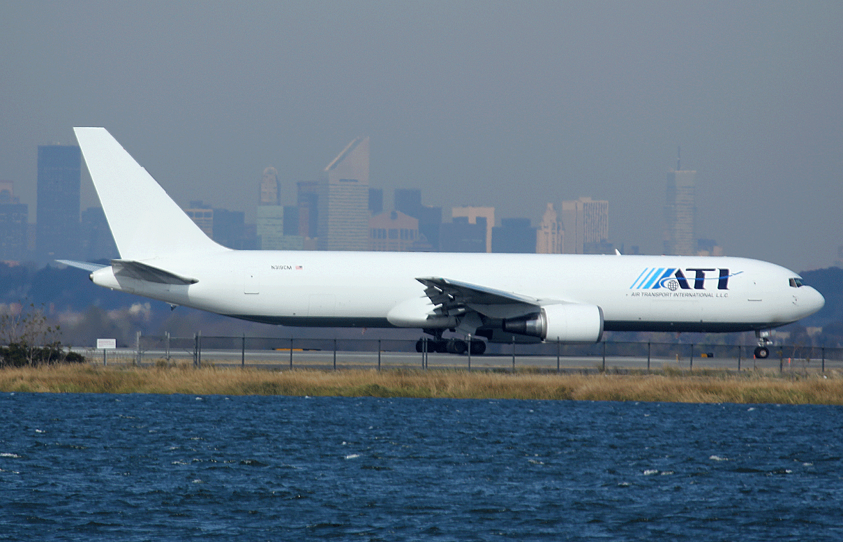 Air Transport International B-767-300F commencing taking off run, JFK, Nov 2011