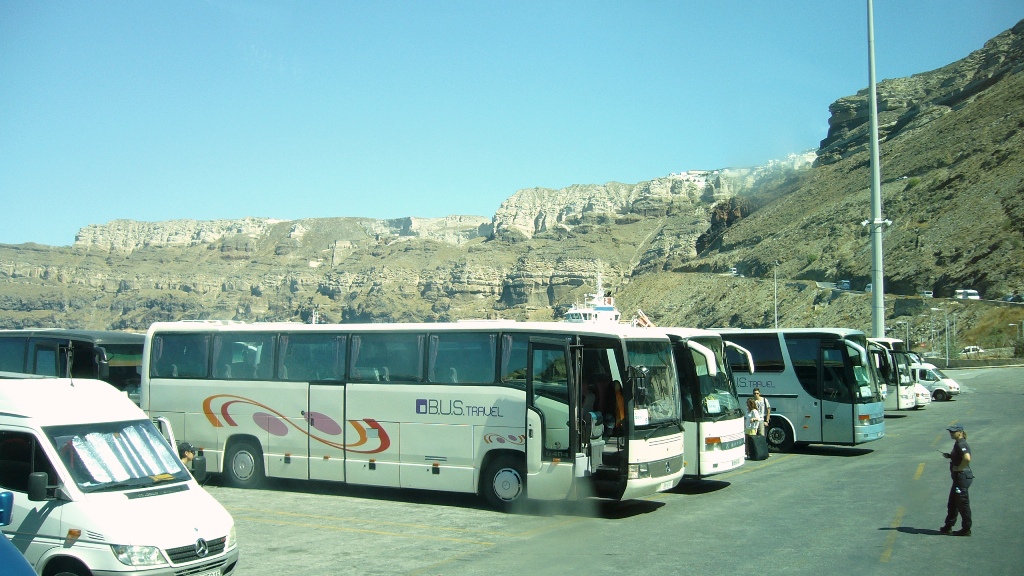 Arrival at the port; buses awaiting to pickup passengers to the towns