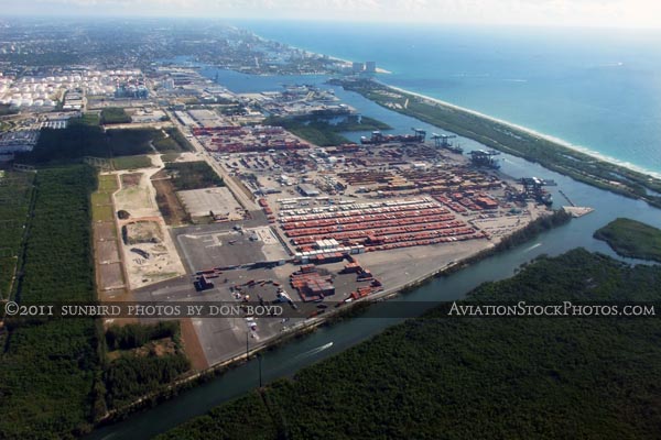 Aerial view of Port Everglades and John U. Lloyd State Park on the barrier island