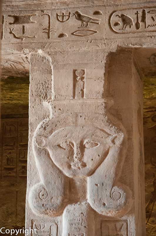 Goddess Hathor adorns a pillar inside the Temple of Queen Nefertari