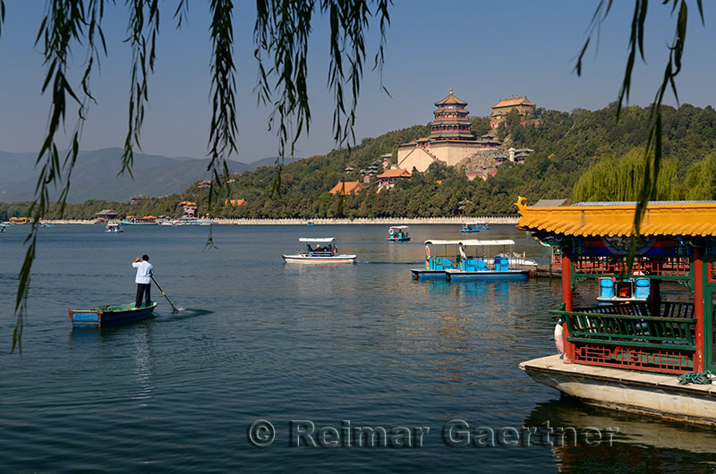 Boats on Kunming Lake and Buddhist fragrance and Sea of Wisdom temples at Summer Palace Beijing