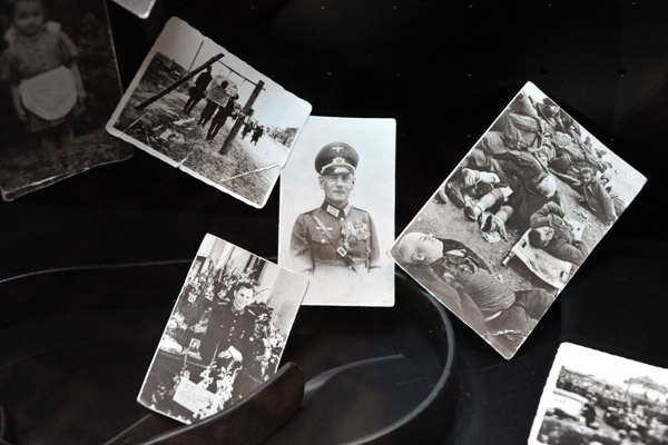 Historic photos of a German officer and civilian victims of the camps