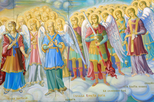 Mural with angels and saints on the right side of St. Michael's Bell Tower